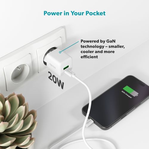 Epico 20W GaN Wall Charger + 1.2m USB-C Cable - White