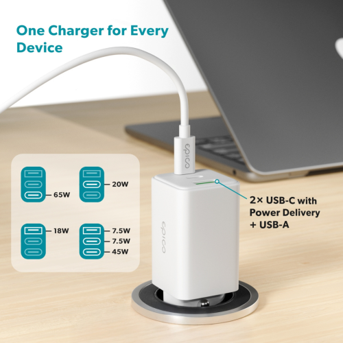 Epico 65W GaN Charger with USB-C Cable (2x USB-C, 1x USB-A)